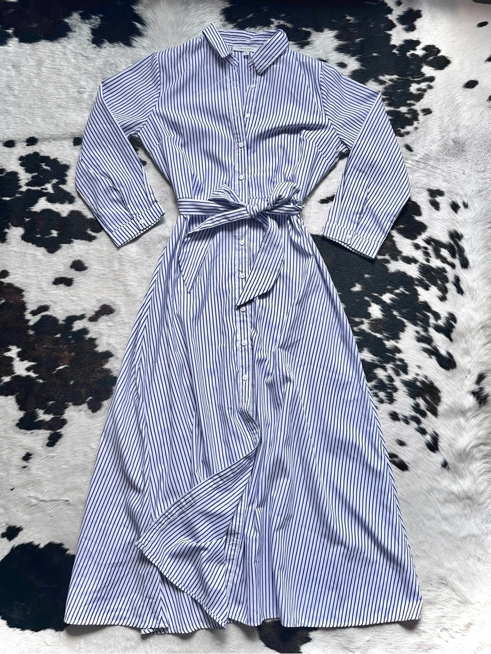 Striped Button-Front Maxi Shirt Dress w/Tie Waist Blue White 3/4 Sleeve Nautical